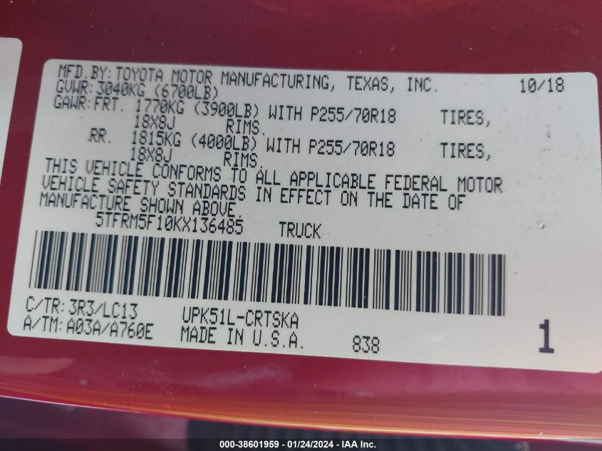 2019 TOYOTA TUNDRA SR 4.6L V8 - 5TFRM5F10KX136485