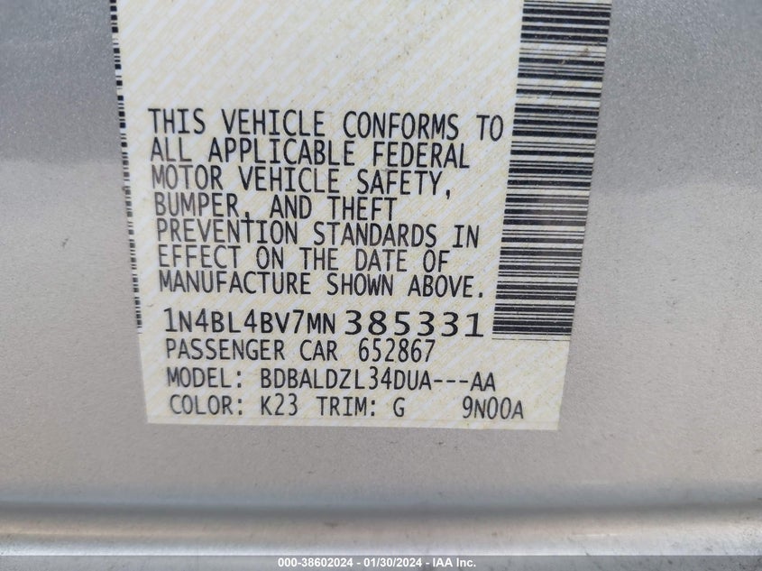 VIN 1N4BL4BV7MN385331 2021 NISSAN ALTIMA S FWD
