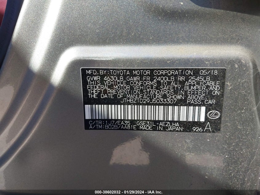 VIN JTHBZ1D29J5033307 2018 LEXUS IS 350