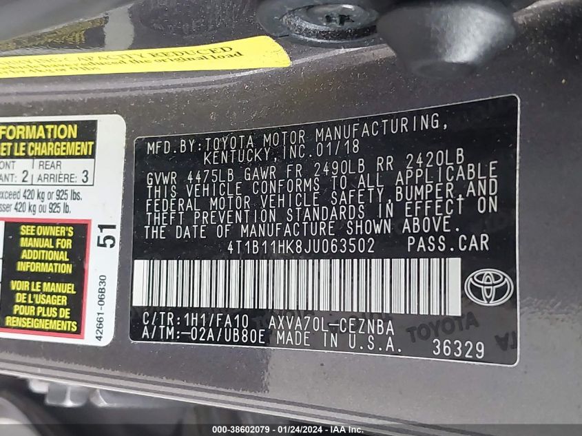 2018 TOYOTA CAMRY LE - 4T1B11HK8JU063502