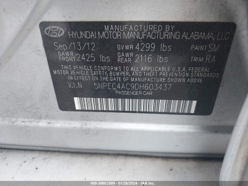 2013 HYUNDAI SONATA SE - 5NPEC4AC9DH603437