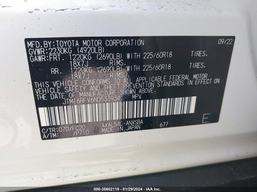 VIN JTM16RFV6ND533934 2022 TOYOTA RAV4 SE HYBRID