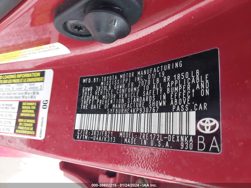 VIN 5YFBURHE4KP930767 2019 TOYOTA COROLLA LE