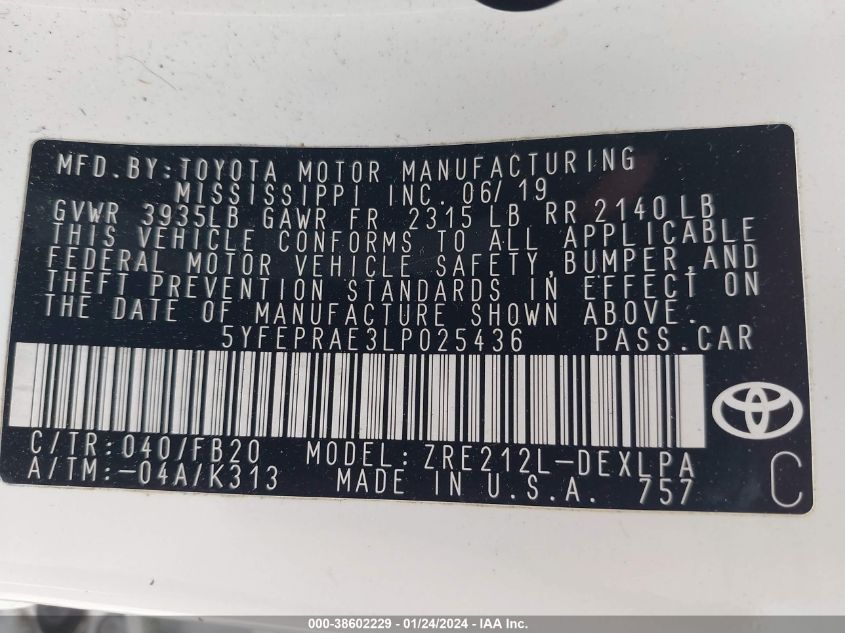 2020 TOYOTA COROLLA LE - 5YFEPRAE3LP025436