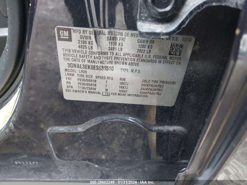 2014 CHEVROLET CAPTIVA SPORT LT 3GNAL3EK0ES631510
