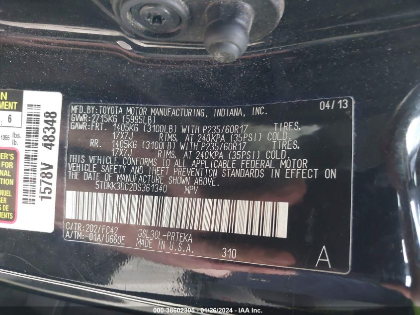 2013 TOYOTA SIENNA LE V6 8 PASSENGER - 5TDKK3DC2DS361340