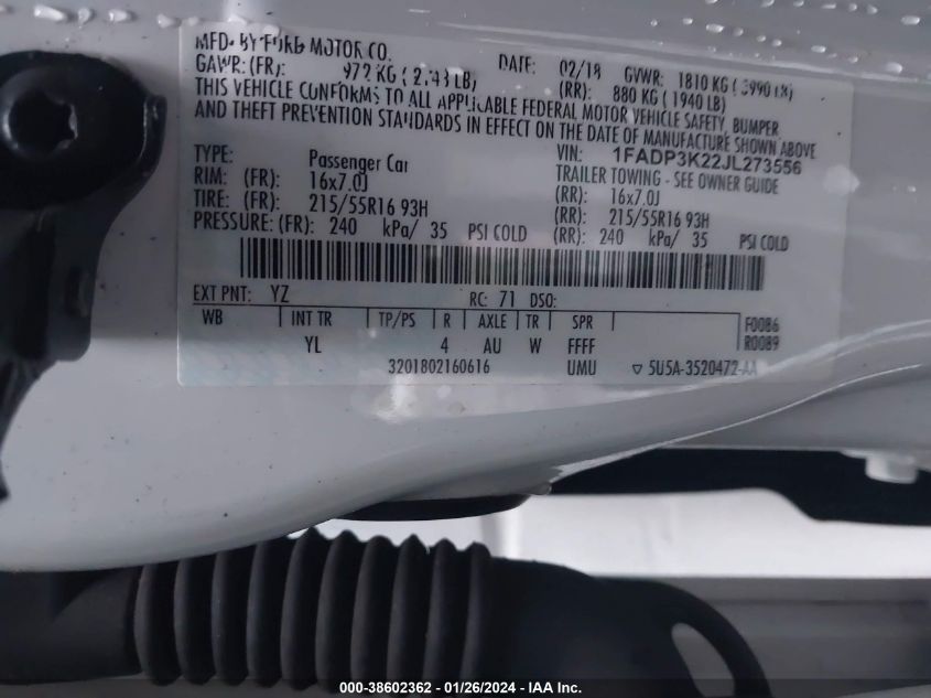 2018 FORD FOCUS SE - 1FADP3K22JL273556