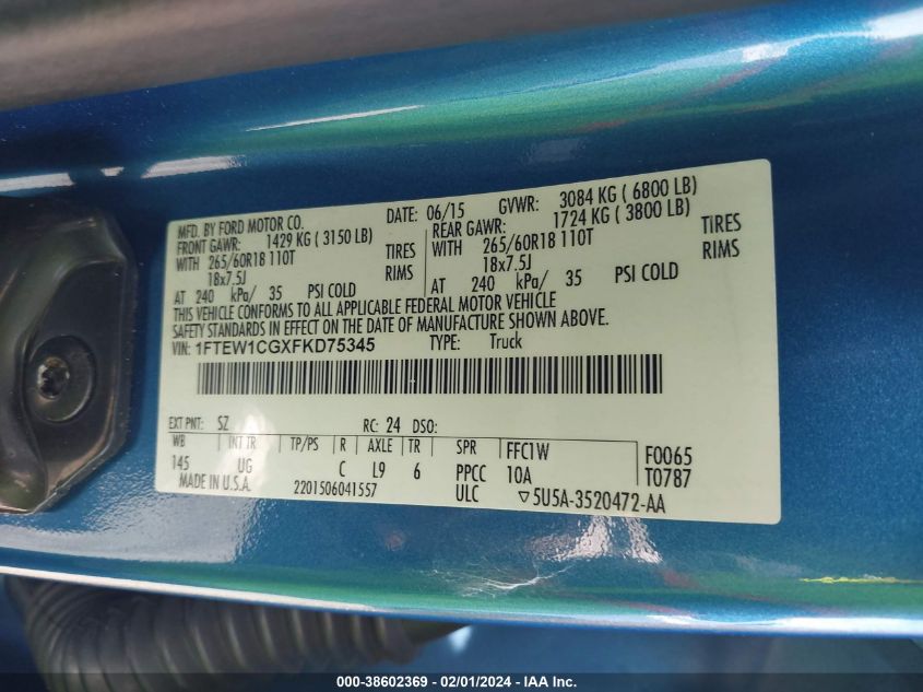 2015 FORD F-150 SUPERCREW - 1FTEW1CGXFKD75345