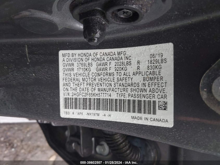 2019 HONDA CIVIC LX - 2HGFC2F65KH577714