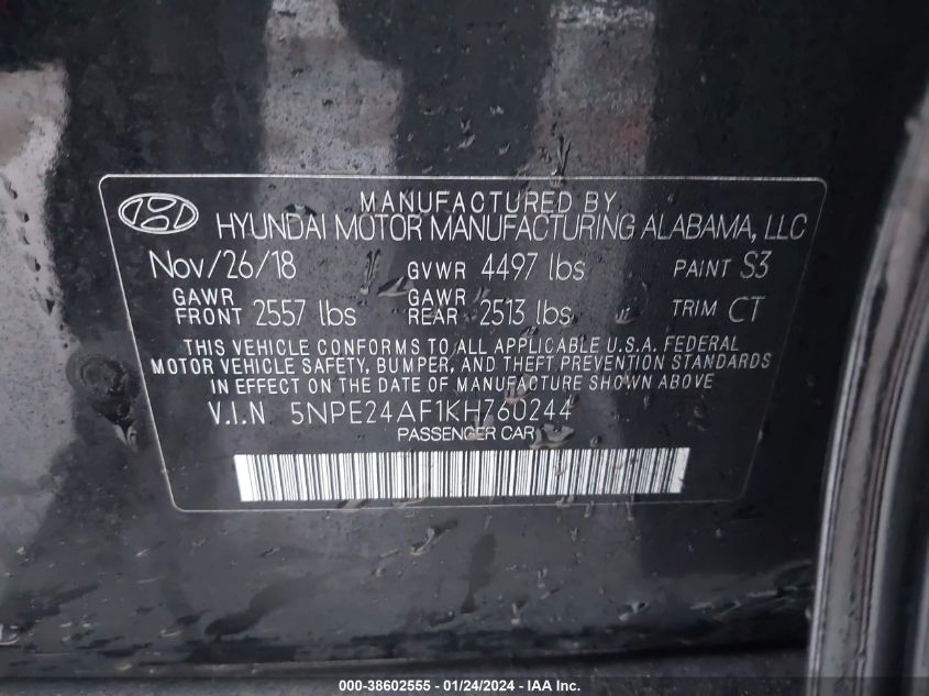2019 HYUNDAI SONATA SE - 5NPE24AF1KH760244