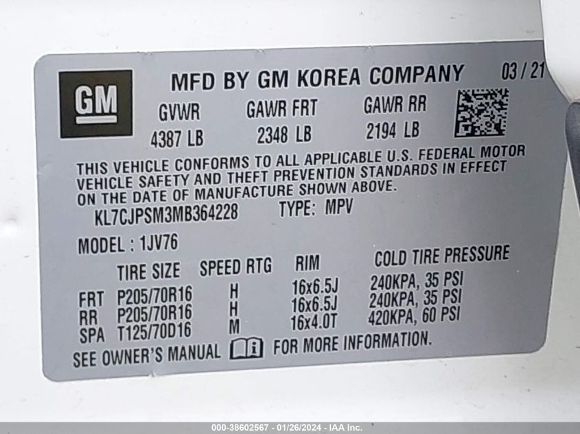 2021 CHEVROLET TRAX LT - KL7CJPSM3MB364228