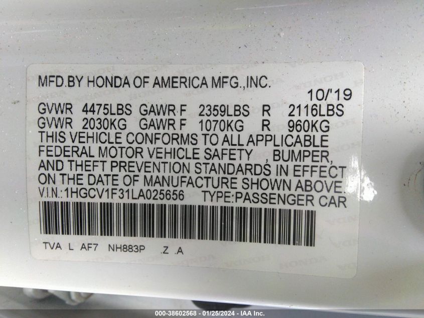 2020 HONDA ACCORD SPORT - 1HGCV1F31LA025656