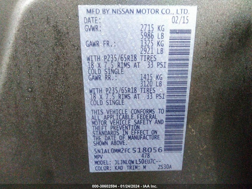 2015 INFINITI QX60 - 5N1AL0MM2FC518056