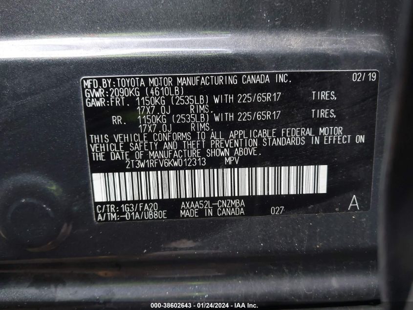 2019 TOYOTA RAV4 XLE - 2T3W1RFV6KW012313