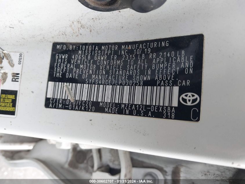 2020 TOYOTA COROLLA SE/NIGHT SHADE - 5YFS4RCE7LP030258