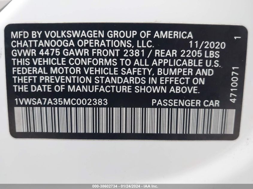 2021 VOLKSWAGEN PASSAT 2.0T SE - 1VWSA7A35MC002383