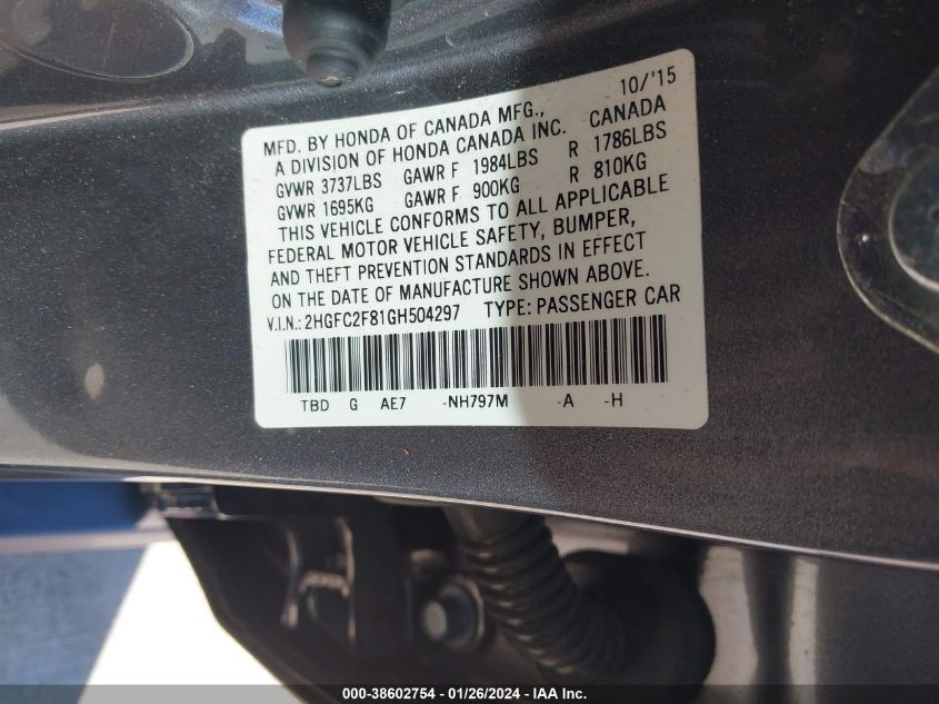 2016 HONDA CIVIC EX - 2HGFC2F81GH504297