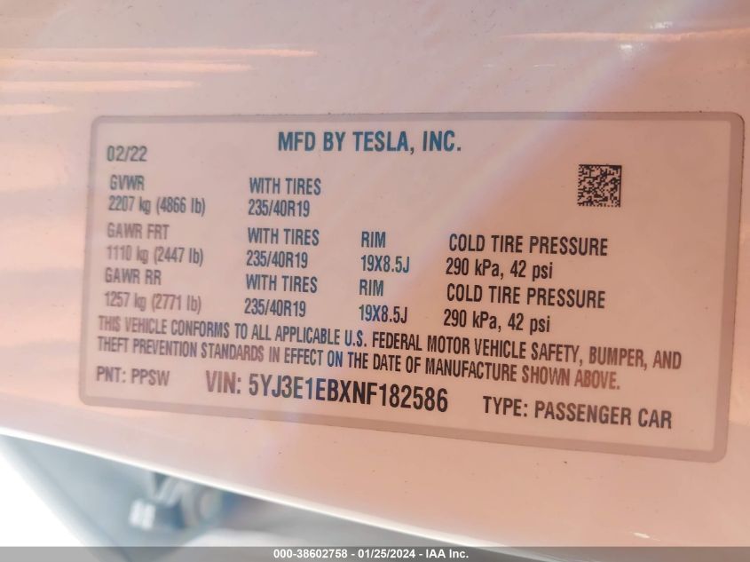 2022 TESLA MODEL 3 - 5YJ3E1EBXNF182586