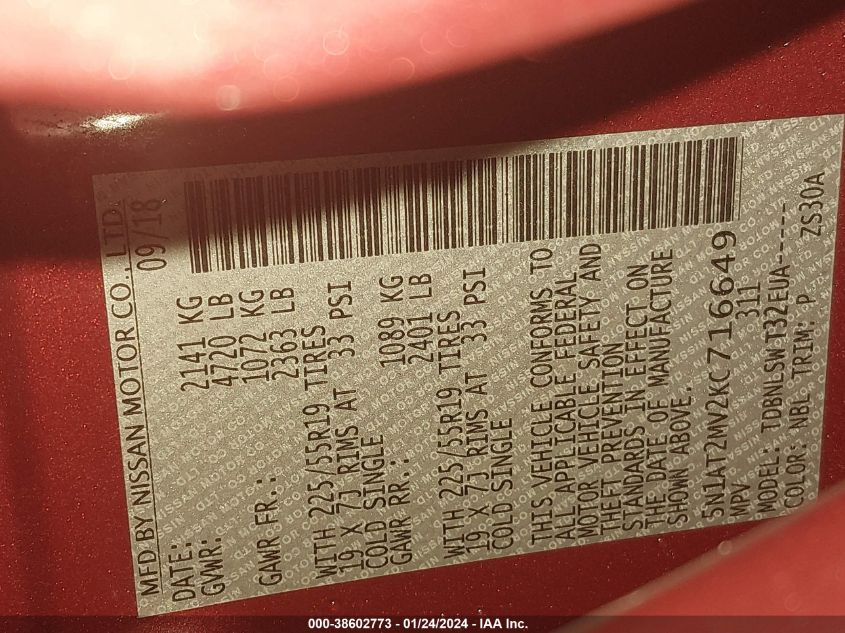 2019 NISSAN ROGUE SL - 5N1AT2MV2KC716649