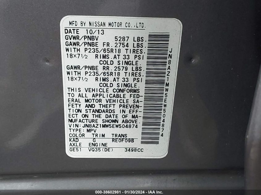 2014 NISSAN MURANO S/SL/SV/LE - JN8AZ1MW5EW504874