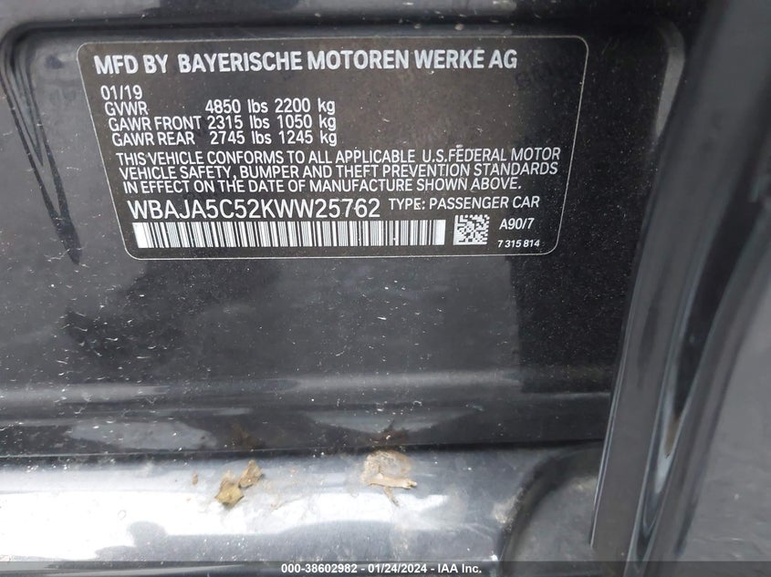 VIN WBAJA5C52KWW25762 2019 BMW 530I