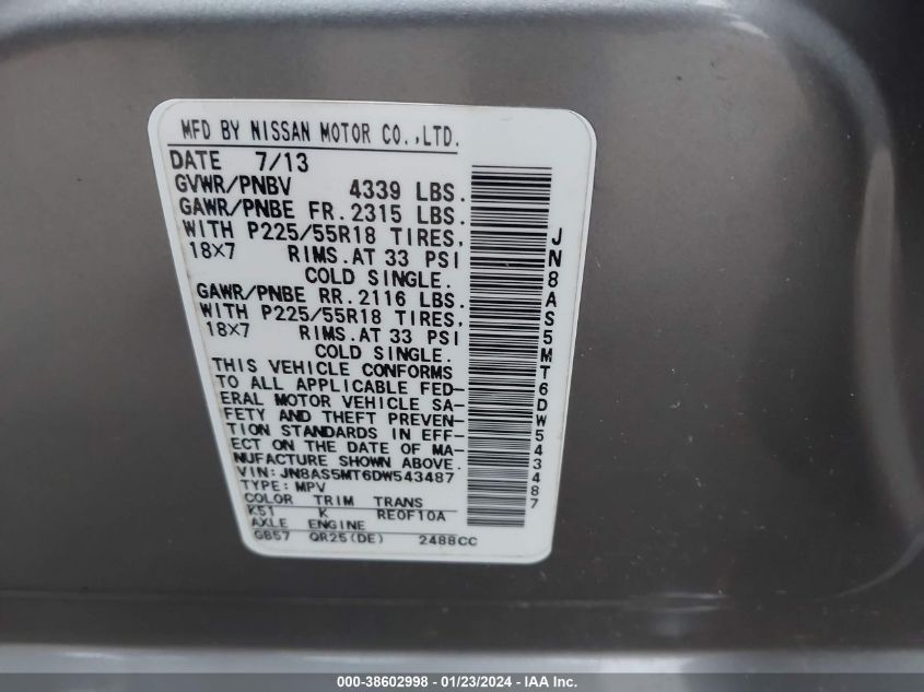 2013 NISSAN ROGUE SV W/SL PKG - JN8AS5MT6DW543487
