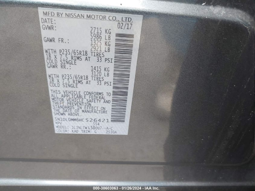 2017 INFINITI QX60 - 5N1DL0MM6HC526421