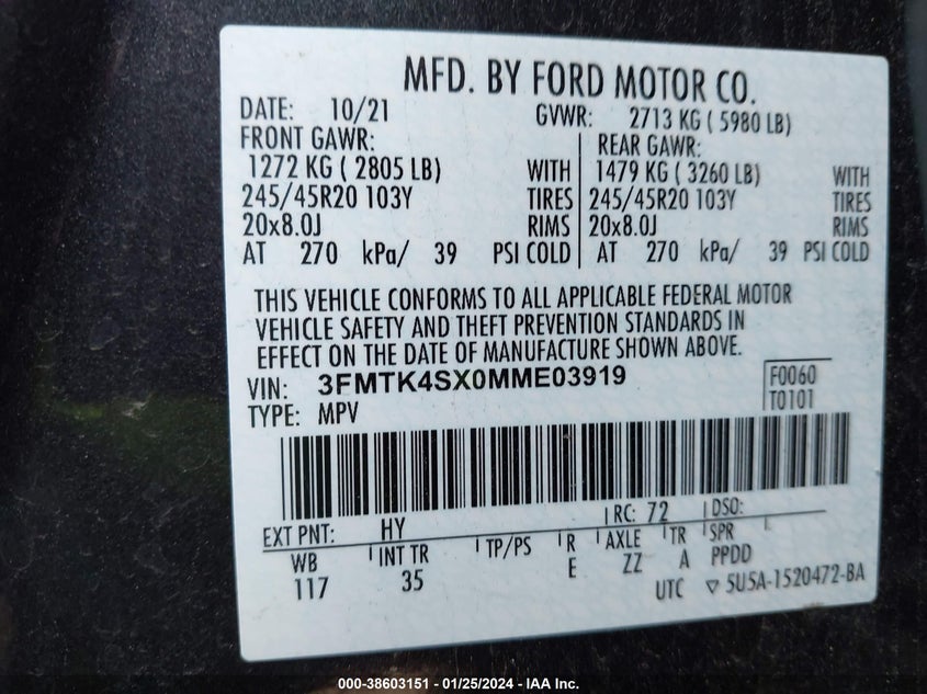 VIN 3FMTK4SX0MME03919 2021 FORD MUSTANG MACH-E GT