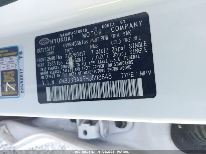 2017 HYUNDAI TUCSON LIMITED/SPORT AND ECO/SE - KM8J33A45HU598648