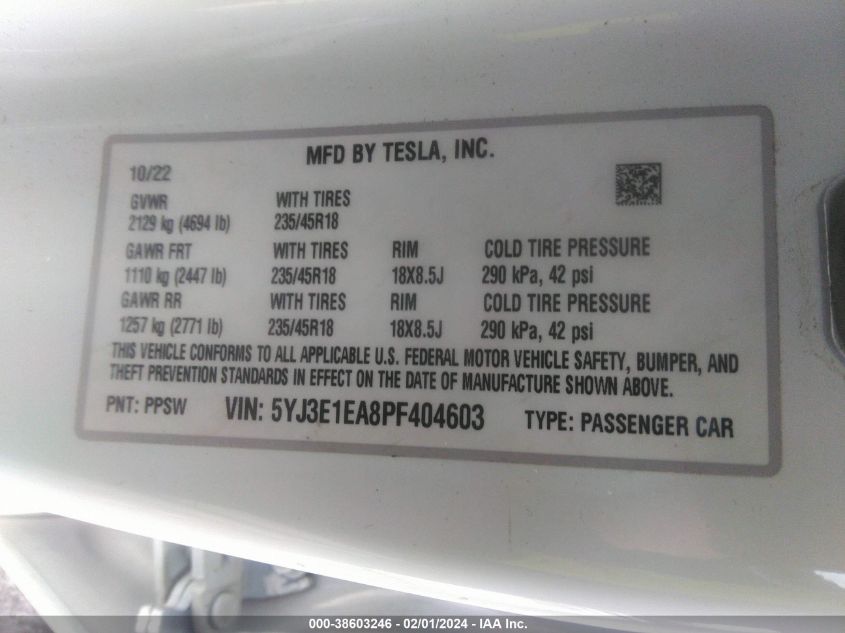 2023 TESLA MODEL 3 REAR-WHEEL DRIVE - 5YJ3E1EA8PF404603