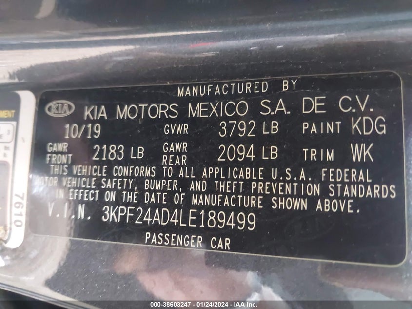 VIN 3KPF24AD4LE189499 2020 KIA FORTE LXS
