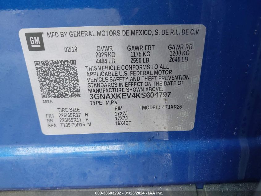 2019 CHEVROLET EQUINOX LT - 3GNAXKEV4KS604797
