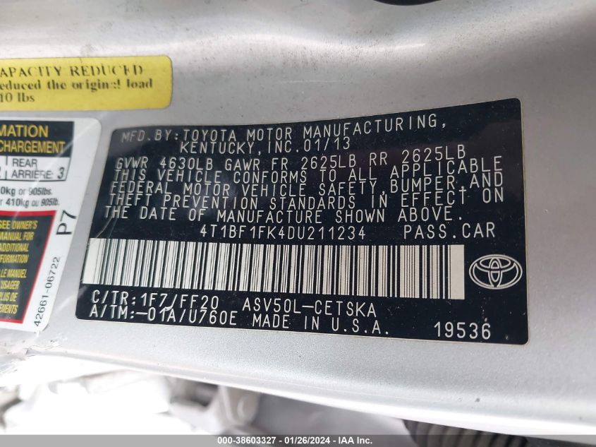 2013 TOYOTA CAMRY L/SE/LE/XLE - 4T1BF1FK4D4211234