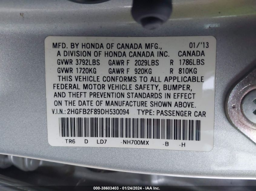 2013 HONDA CIVIC EX - 2HGFB2F89DH530094