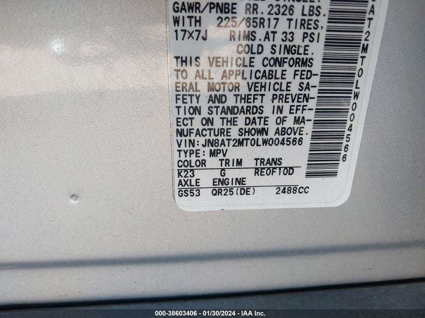 VIN JN8AT2MT0LW004566 2020 NISSAN ROGUE S/SV