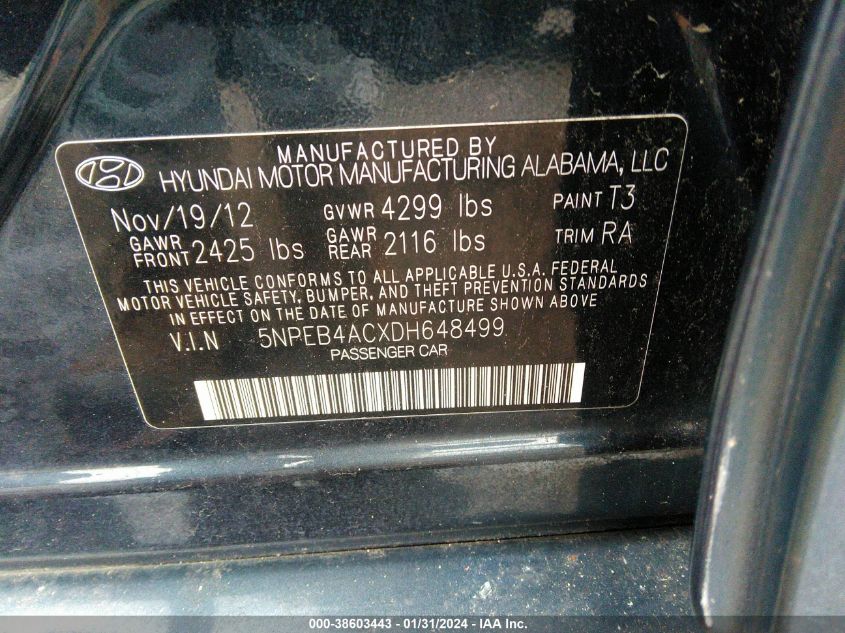 2013 HYUNDAI SONATA GLS - 5NPEB4ACXDH648499