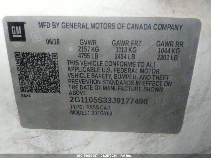 VIN 2G1105S33J9177490 2018 CHEVROLET IMPALA LT