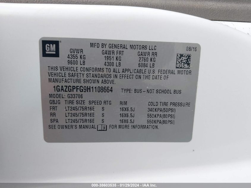 2017 CHEVROLET EXPRESS 3500 LT 1GAZGPFG9H1108664