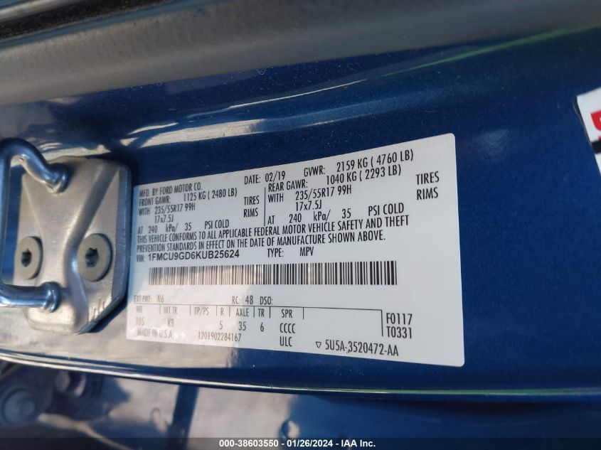 2019 FORD ESCAPE SE - 1FMCU9GD6KUB25624