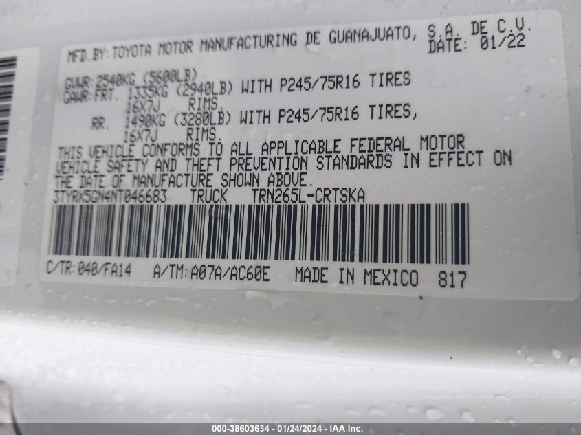 2022 TOYOTA TACOMA SR - 3TYRX5GN4NT046683