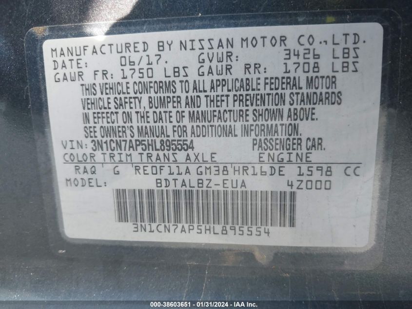 2017 NISSAN VERSA 1.6 SV - 3N1CN7AP5HL895554