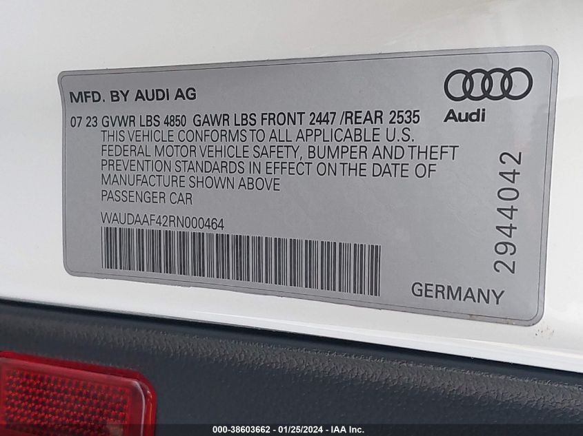 2024 AUDI A4 PREMIUM 45 TFSI S LINE QUATTRO S TRONIC - WAUDAAF42RN000464