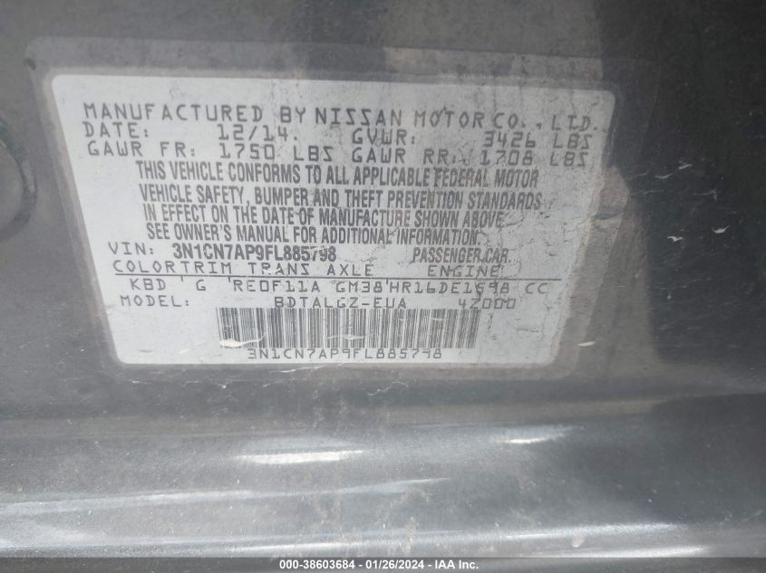 2015 NISSAN VERSA S/S PLUS/SV/SL - 3N1CN7AP9FL885798