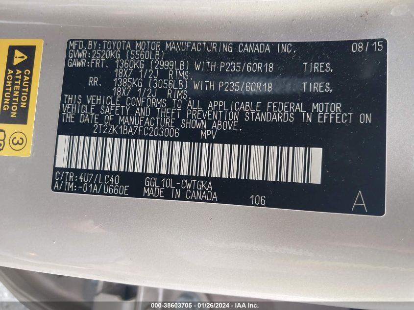 2015 LEXUS RX 350 350 - 2T2ZK1BA7FC203006