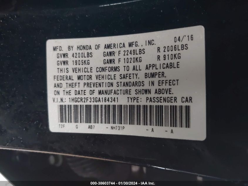 2016 HONDA ACCORD LX - 1HGCR2F33GA184341
