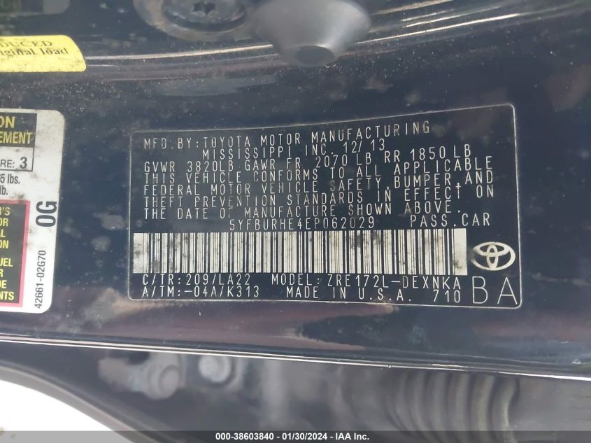 2014 TOYOTA COROLLA LE PREMIUM - 5YFBURHE4EP062029