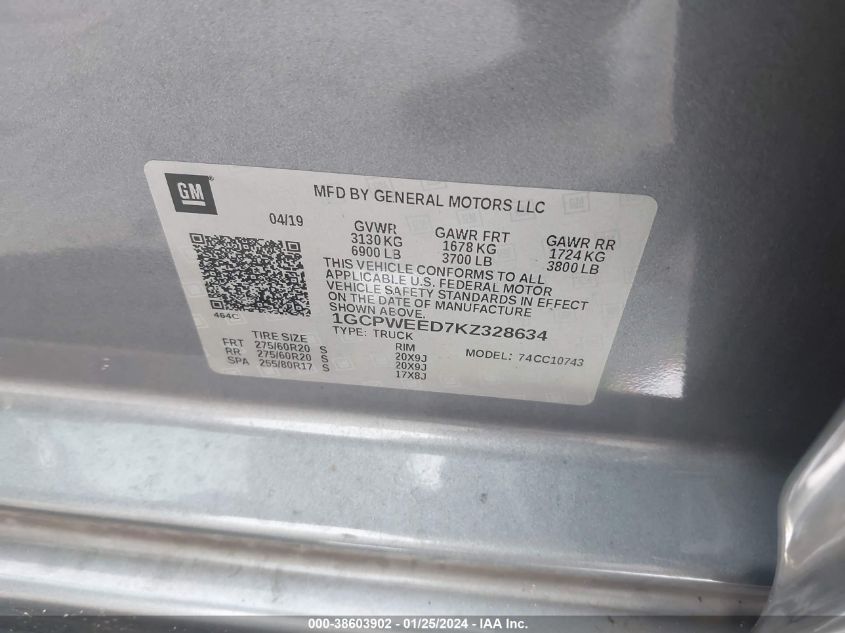 2019 CHEVROLET SILVERADO 1500 LTZ - 1GCPWEED7KZ328634