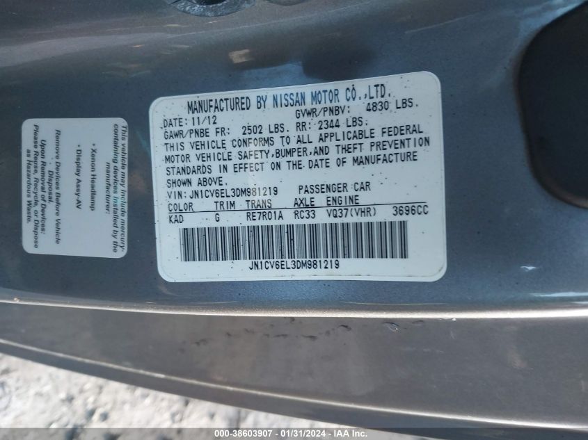 2013 INFINITI G37X - JN1CV6EL3DM981219
