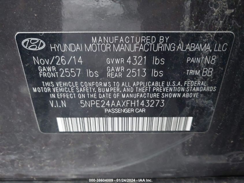 5NPE24AAXFH143273 | 2015 HYUNDAI SONATA