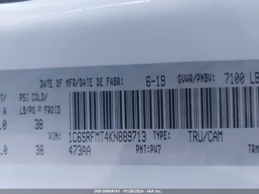 2019 RAM 1500 BIG HORN/LONE STAR - 1C6SRFMT4KN889713